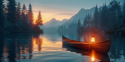 Tranquil lake scene with a canoe and lantern reflecting the serenity of nature at sunset - obrazy, fototapety, plakaty