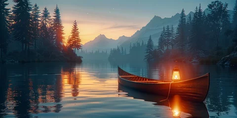 Foto op Canvas Tranquil lake scene with a canoe and lantern reflecting the serenity of nature at sunset © maniacvector