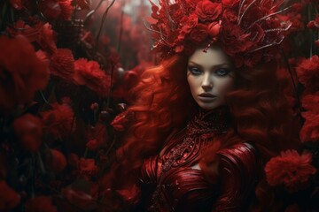 Red queen with floral crown. Fantasy regal princess with ruby blossom hairstyle. Generate ai