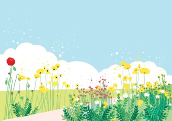 Fototapeten 언덕길 사이로 노랑꽃과 빨강꽃이 어우러진 화장한 봄날 풍경  © 하진 박