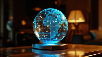 A miniature hologram of a globe spins on a table projecting a web of routes and destinations highlighting the global reach and precision