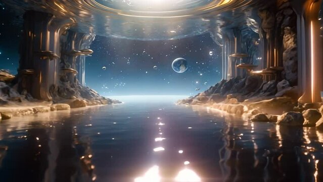 Interior of a futuristic style enclosure with black and gold columns anchored on rocks with a lake in its center facing the constellations and planets.