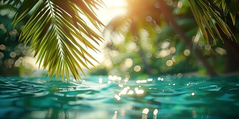 Fototapeta na wymiar Idyllic seaside sanctuary with shimmering turquoise waters peeking through tropical palm fronds.