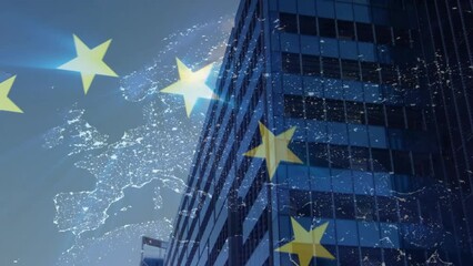 Animation of flag of european union and map over office buildings in city - Powered by Adobe