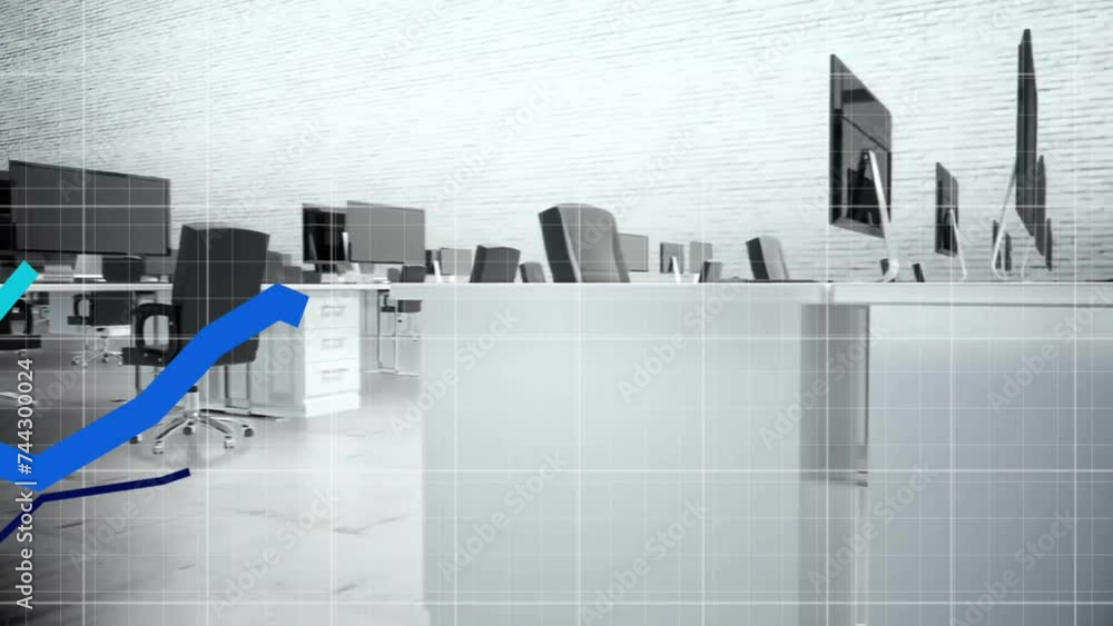 Poster animation of financial data processing with blue lines in office