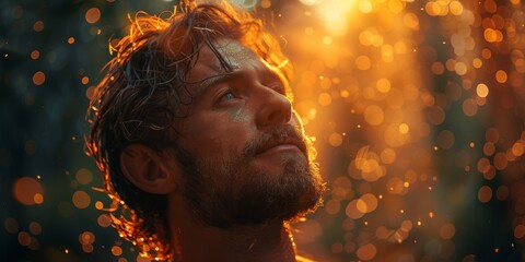A rugged man with tousled hair and a damp beard gazes upwards, his human face illuminated by the soft light, exuding a sense of introspection and contemplation