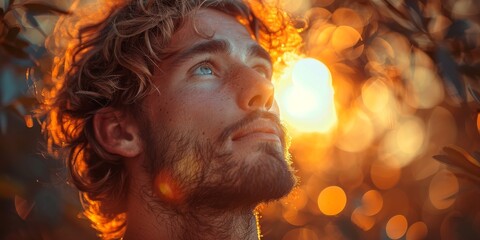 A bearded man gazes up at the fiery amber sky, his face filled with wonder and the heat of the flames reflected in his eyes