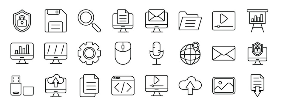 set of 24 outline web computer functions icons such as cyber security, save, search, file, mail, folder, video editor vector icons for report, presentation, diagram, web design, mobile app