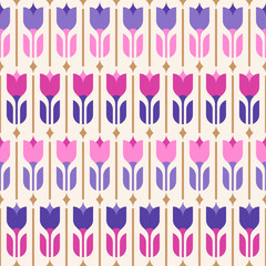 Retro geometric purple tulip seamless pattern background.