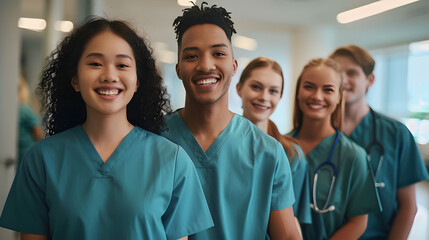 Happy medical team, a group of student nurses and doctors, walk together with smiles on their faces in a teaching hospital. Diverse healthcare students starting their clinical training in scrubs.