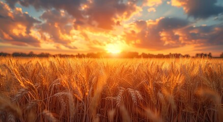As the golden sun dips below the horizon, a vast field of wheat and barley stretches out before you, a bountiful harvest of cash crops and whole grains ready to nourish and sustain - obrazy, fototapety, plakaty