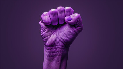 Raised purple fist of a woman for international womens day