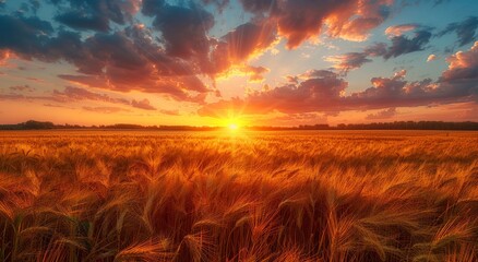 As the sun sets behind the vast field of wheat, the afterglow illuminates the clouds above and the...