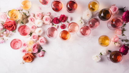 Various shades of rose wine. Flat-lay of rose wine in different colors in glasses and spring blossom flowers over marble background, top view.