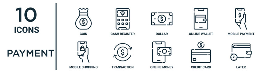 payment outline icon set includes thin line coin, dollar, mobile payment, transaction, credit card, later, mobile shopping icons for report, presentation, diagram, web design - obrazy, fototapety, plakaty