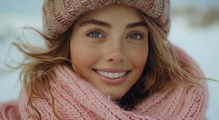 A stylish woman braves the winter chill, donning a smile and a cozy knit hat and scarf as she poses for a portrait amidst the outdoor scenery