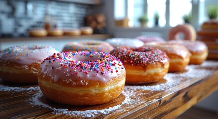 Indulge in the sweet temptation of a variety of freshly baked doughnuts adorned with colorful sprinkles, perfect for satisfying your cravings and adding a touch of joy to your day at the cozy bakery