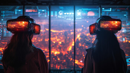 Obraz premium The image shows a group of people wearing augmented reality glasses sitting in front of a large openair screen displaying a financial presentation. The glasses allow them