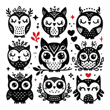 Cute black owl vector illustrations