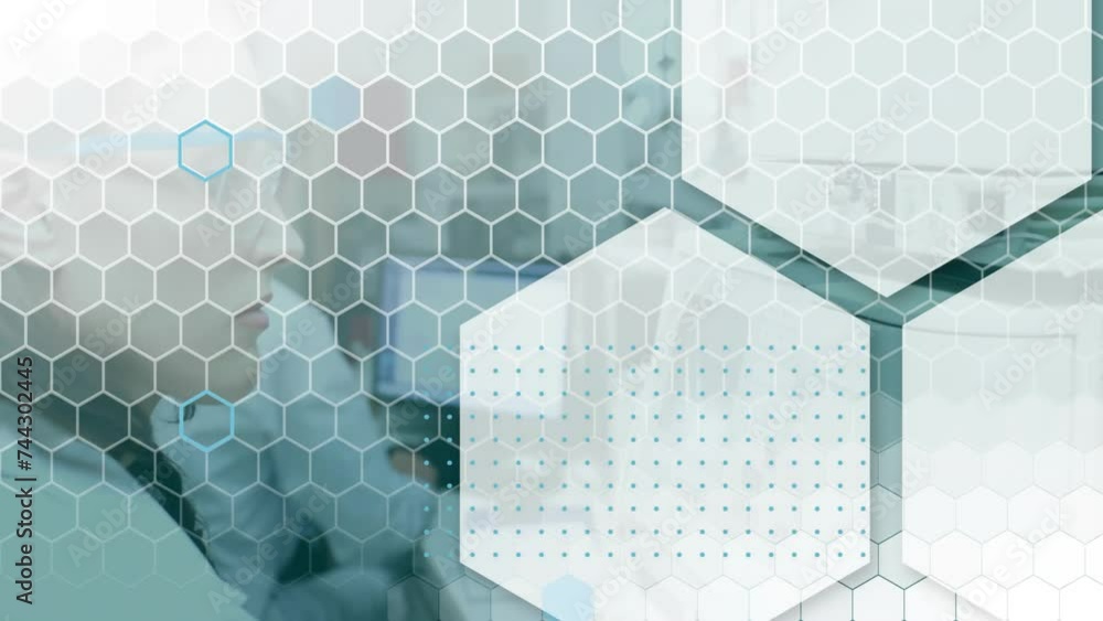 Poster animation of hexagons and scientific data processing over caucasian female scientist in laboratory