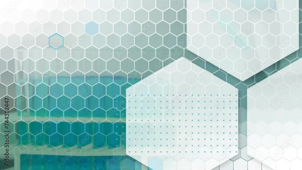 Poster animation of hexagons and scientific data processing over scientist in laboratory