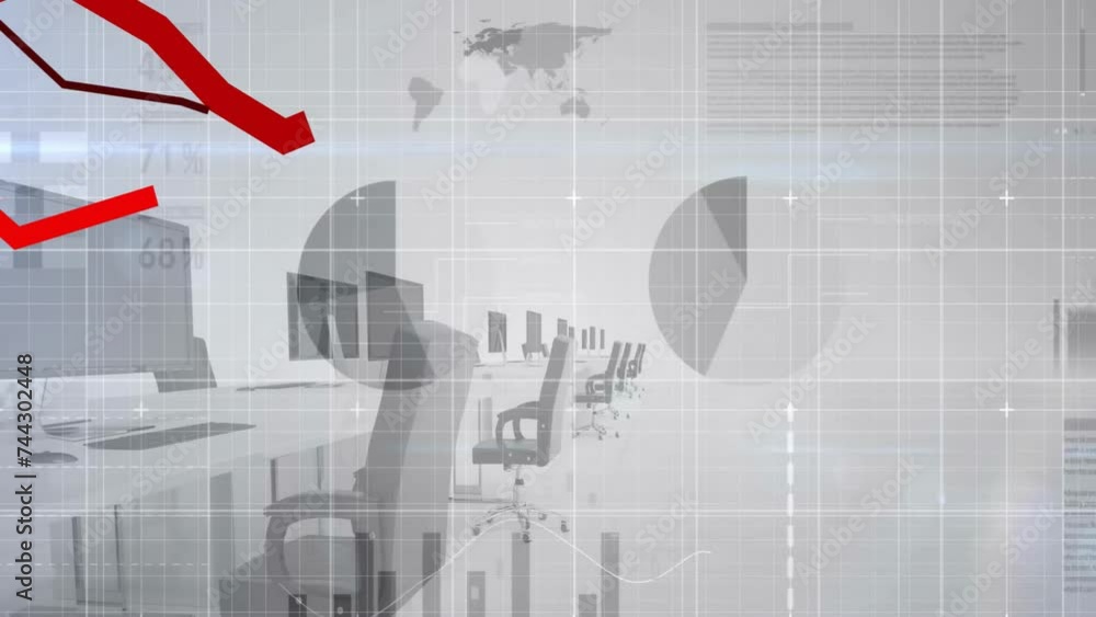 Poster animation of financial data processing and red lines over office