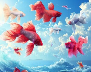 Goldfish in Sky with White Clouds and Blue Ocean