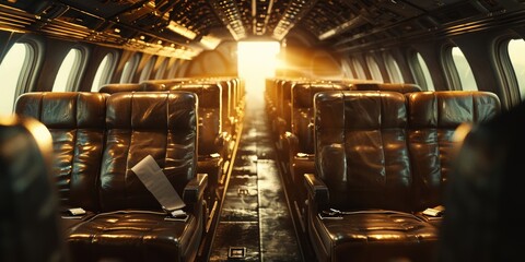 Empty passenger plane interior bathed in sunlight with luxurious leather seats. - obrazy, fototapety, plakaty