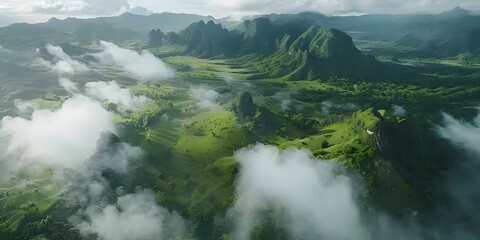 Foggy mountain landscape. Fog and cloud mountain tropic valley landscape. Aerial view