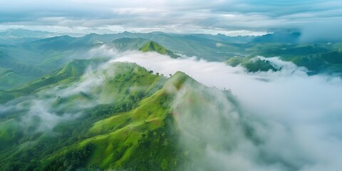 Foggy mountain landscape. Fog and cloud mountain tropic valley landscape. Aerial view