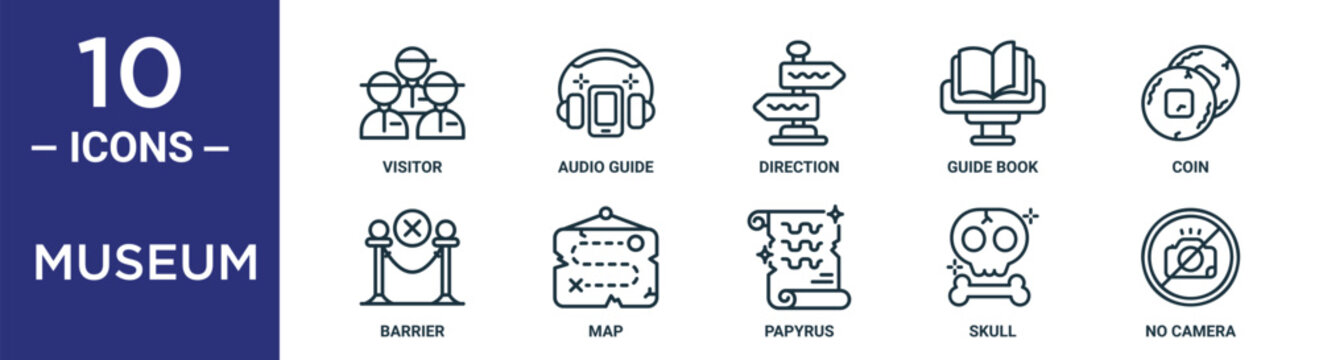 museum outline icon set includes thin line visitor, audio guide, direction, guide book, coin, barrier, map icons for report, presentation, diagram, web design