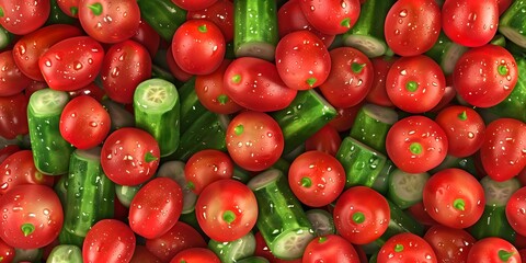 Heap of whole wet tomatoes and cucumbers.Seamless background for wrappers, fabrics, wallpapers, banners, 3d rendering. Top view point, full frame.