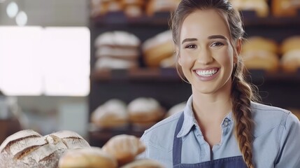 Girl bakes bread in a bakery - obrazy, fototapety, plakaty