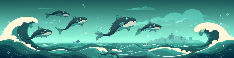 Playful Dolphins Leaping Over Sea Waves Illustration