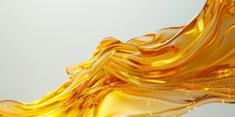 Golden honey elegantly cascading down onto a reflective white surface, creating a fluid art form.