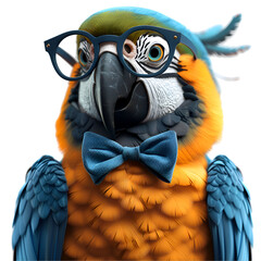 A graceful 3D cartoon render of an elegant parrot dressed up in a stylish bowtie.