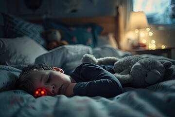 a young boy laying in bed with a stuffed animal - obrazy, fototapety, plakaty