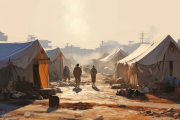 Refugee camp tents poverty. People immigration. Generate Ai