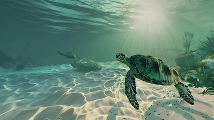 Fotobehang Green Sea Turtle Cruising in the warm waters of the Pacific Ocean © Ziyan