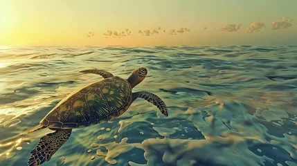 Muurstickers Green Sea Turtle Cruising in the warm waters of the Pacific Ocean © Ziyan