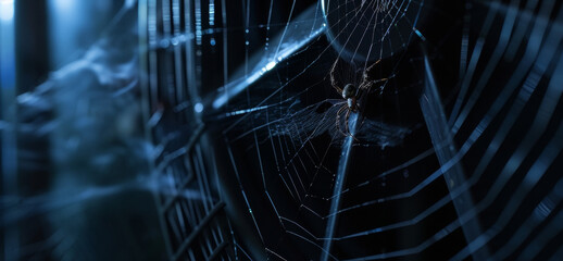 A spider has spun a web between the fan blades blocking any potential air flow. - obrazy, fototapety, plakaty