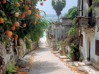 A narrow street lined with vibrant orange trees leads to a sky full of promise and the sweet aroma...