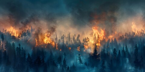 Forest fire, many acres of pine trees burn down during the dry season. Wildfire burns in the...