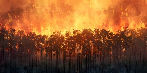 Forest fire, many acres of pine trees burn down during the dry season. Wildfire burns in the forest.The concept of global cataclysms on earth.