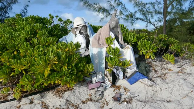 Homeless beach comber stash hidden on tropical beach