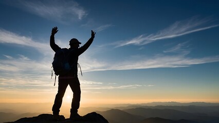  celebrating success on mountain top by holding hands up in the air
