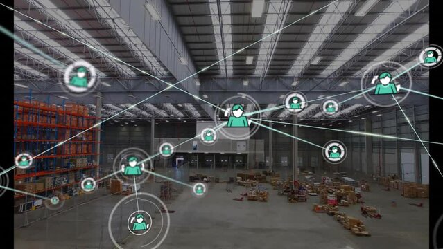 Animation of network of connections with people icons over warehouse