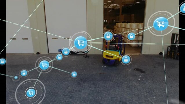 Animation of network of connections with shopping trolley icons and forklift in warehouse