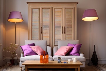Antique Door Home Design: Modern Living Room with Wooden Cabinet, Pastel Cushions, Chic Lighting