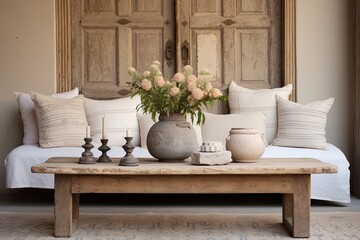 Antique Door Home Designs: Wooden Coffee Table, Pastel Cushions, Farmhouse Textiles & Plants Harmony